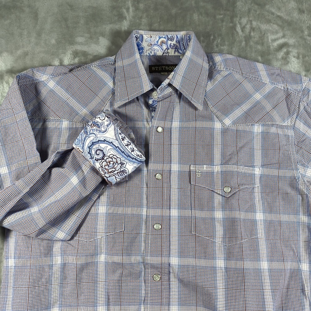 Stetson Shirt Mens Medium Blue Western Check Plaid Button Up Rodeo Flip Cuff